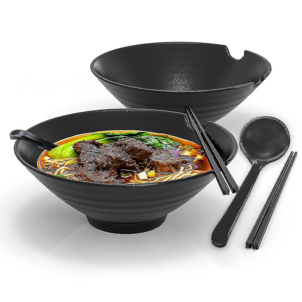 6-piece Ramen Bowl Set With 1000 Ml Filling Quantity - Crockery Set With Chopsticks And Spoon In Black-mxbc