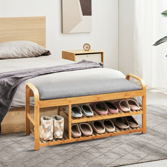 Costway 72910548 3 Tier Bamboo Shoe Rack Bench wit...