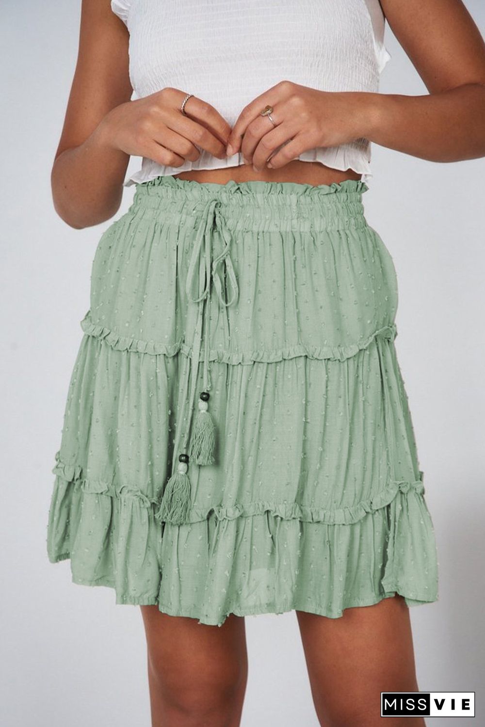 Smocked Waist Swiss Dot Frilled Tiered Mini Skirt