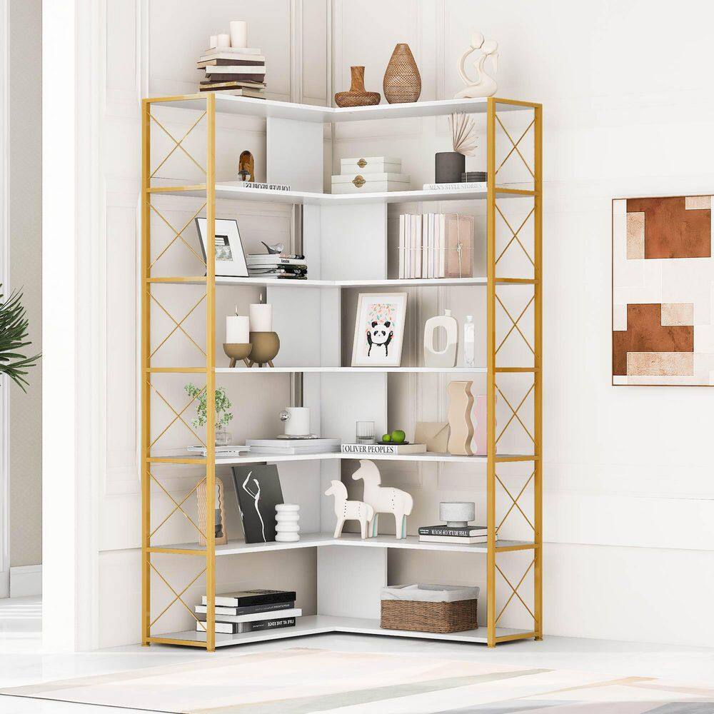 Angel Sar 37.40 in. Wide Golden and White Wood 7-Tier L-Shaped Bookcase Corner Bookcase with Metal Frame AD000273