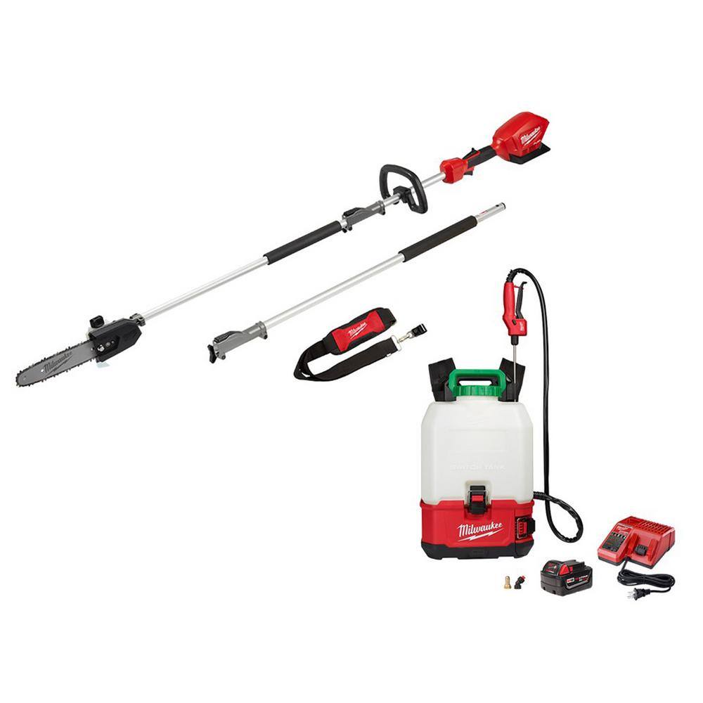 MW M18 FUEL 10 in. 18V Lithium-Ion Brushless Electric Cordless Pole Saw w4 Gal. Switch Tank Backpack Pesticide Sprayer Kit 2825-20PS-2820-21PS