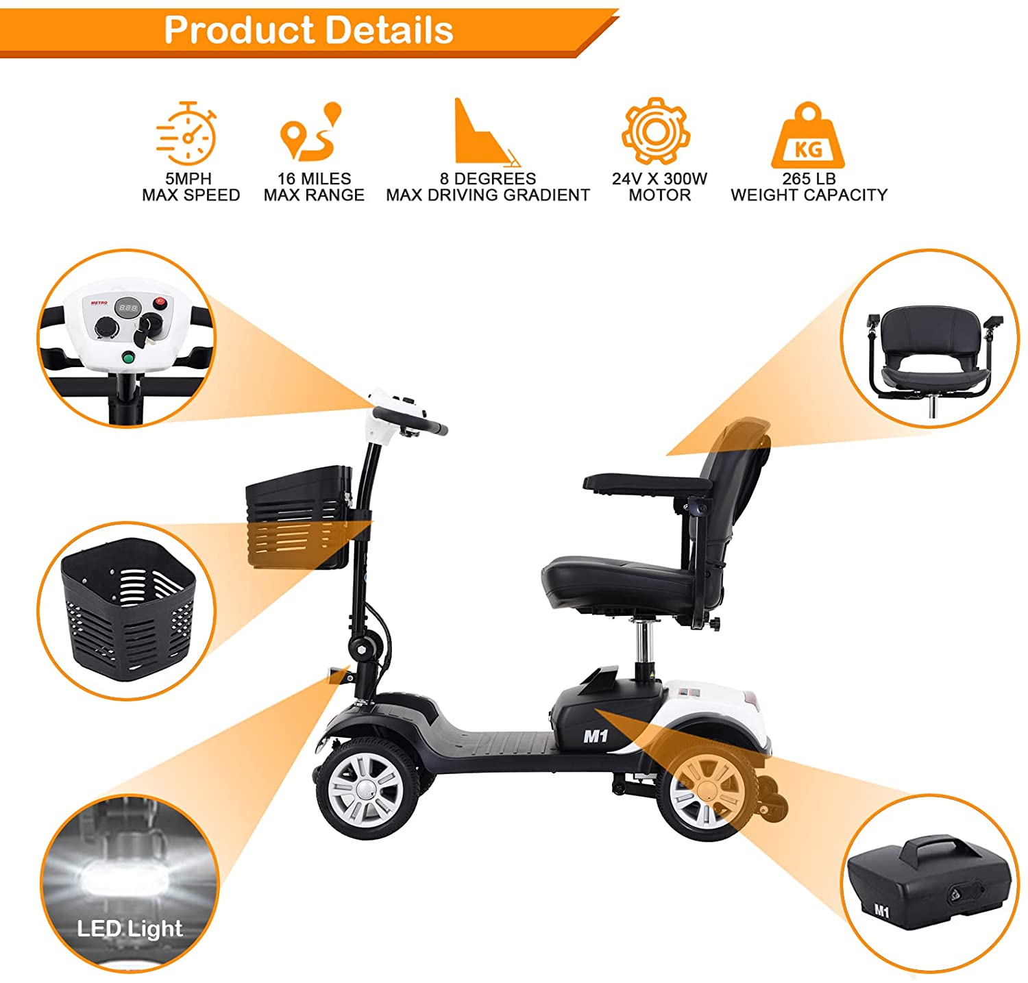 Folding Electric Mobility Scooter 4 Wheel for Seniors Adults with LED Light White