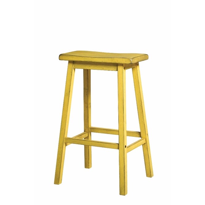 Wooden Barstool with Saddle Design Seat， Set of 2， Distressed Yellow - 29 H x 16 W x 19 L Inches