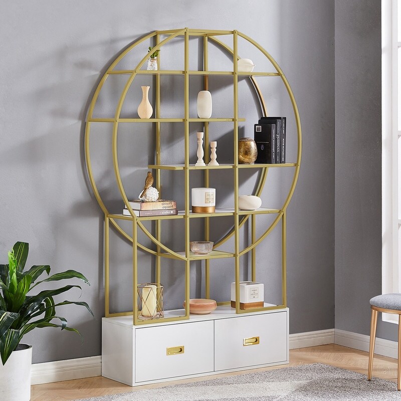 70.8 Inch Gold Frame Round Bookcase Office Bookshelf with Two Drawers