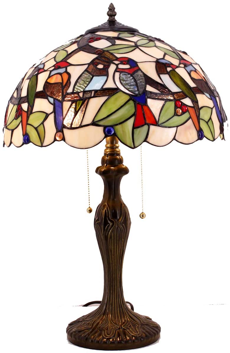 Tiffany Table Lamp Colorful Stained Glass Birds Bedside Lamp 16X16X24 Inches Desk Reading Light Metal Base Decor Bedroom Living Room Home Office S805 Series