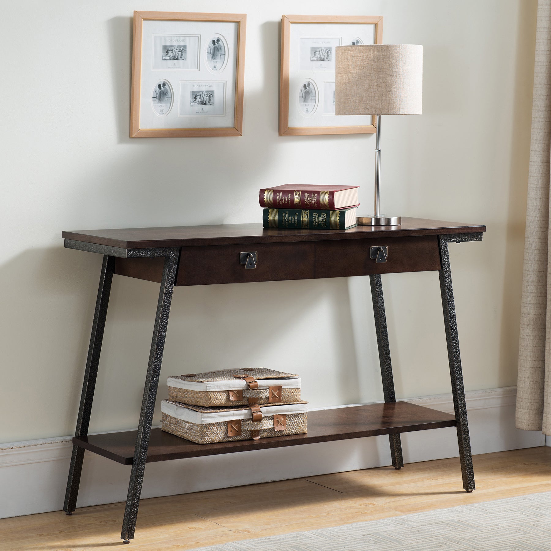 Contemporary Walnut Finish Brown Side Table with Bronzed Steel Legs Two Extendable Drawers and Lower Storage Shelf