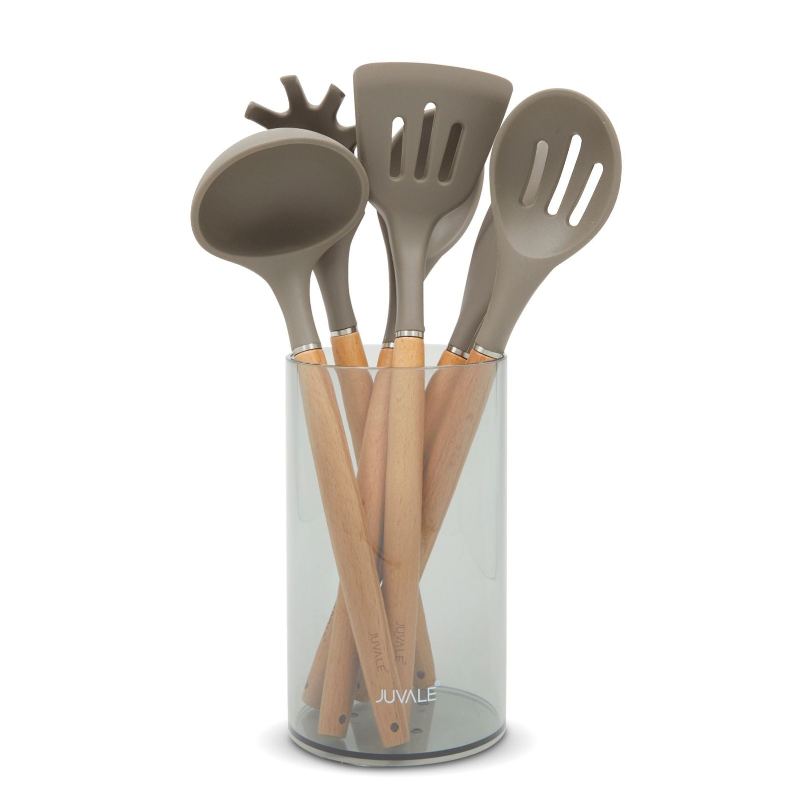 7-Piece Silicone and Bamboo Wood Kitchen Utensil Set with Holder for Cooking, with Ladle, Slotted Turner, Slotted Spoon, Serving Spoon, Pasta Server, Spatula, and Clear Holder