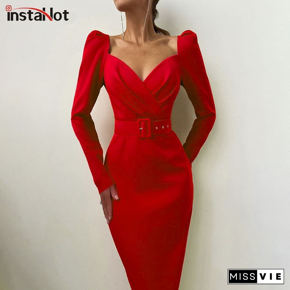 Instahot Elegant Party Women Dress Slim V Neck Long Sleeve Mid Calf Pencil Dress Casual Office Lady Solid Red Puff Sleeve