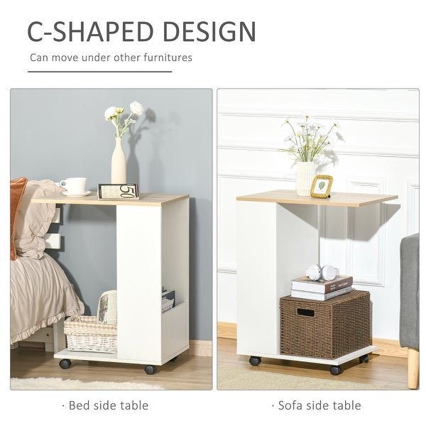 HOMCOM C-Shaped Sofa Side Table Mobile End Table with Storage and Wheels for Living Room， Bedroom， Office