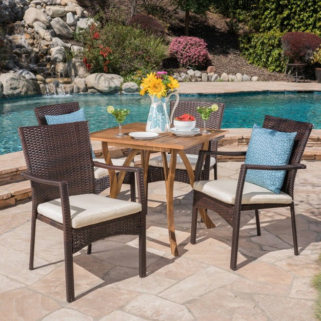 Ferris 5pc Acacia Wood amp Wicker Patio Dining Set Brown Christopher Knight Home