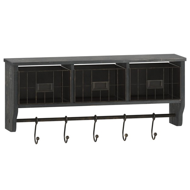 Emma And Oliver Rustic Country Wall Mounted Shelf With 5 Adjustable Sliding Hooks And Three Wire Storage Baskets