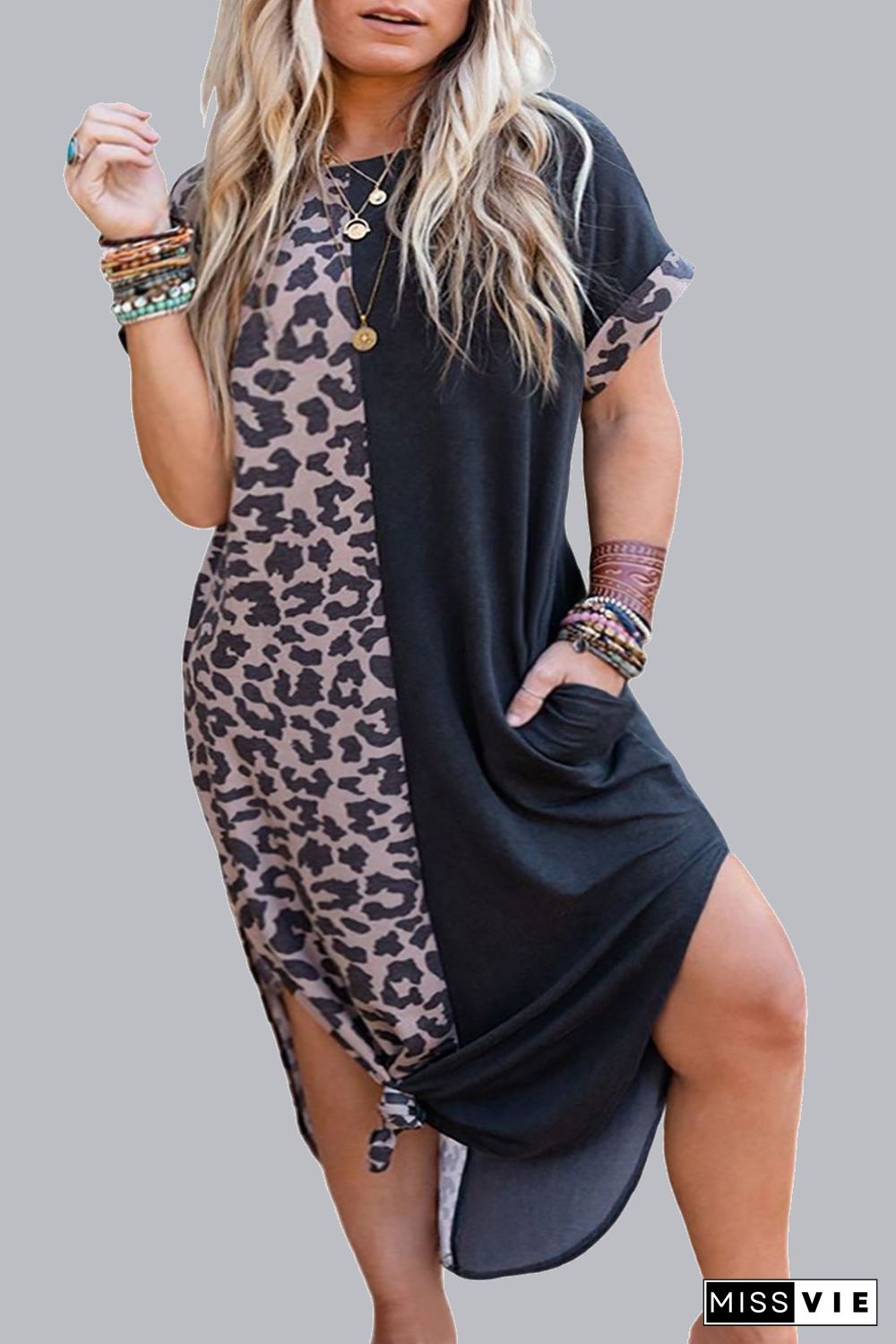 Multicolor Leopard Contrast Short Sleeve Plus Size T-shirt Dress