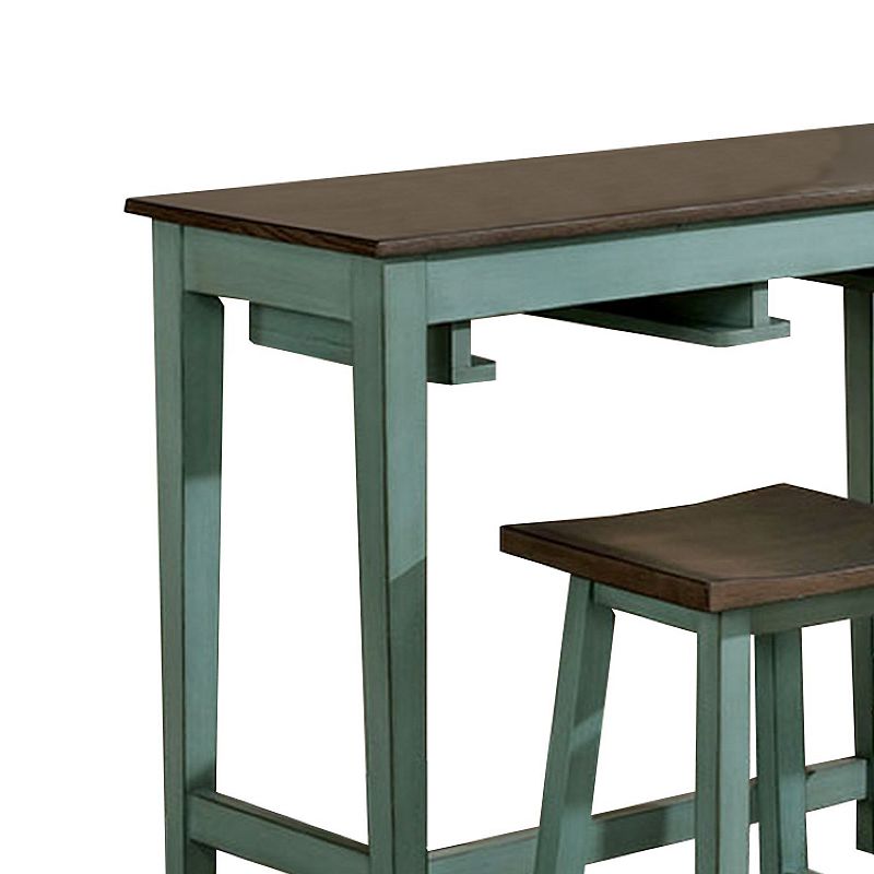 3 Piece Bar Table Set with Contoured Seat， Antique Blue and Brown