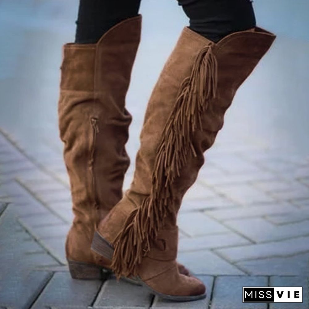 Low Heel Suede Winter Tassel Boots