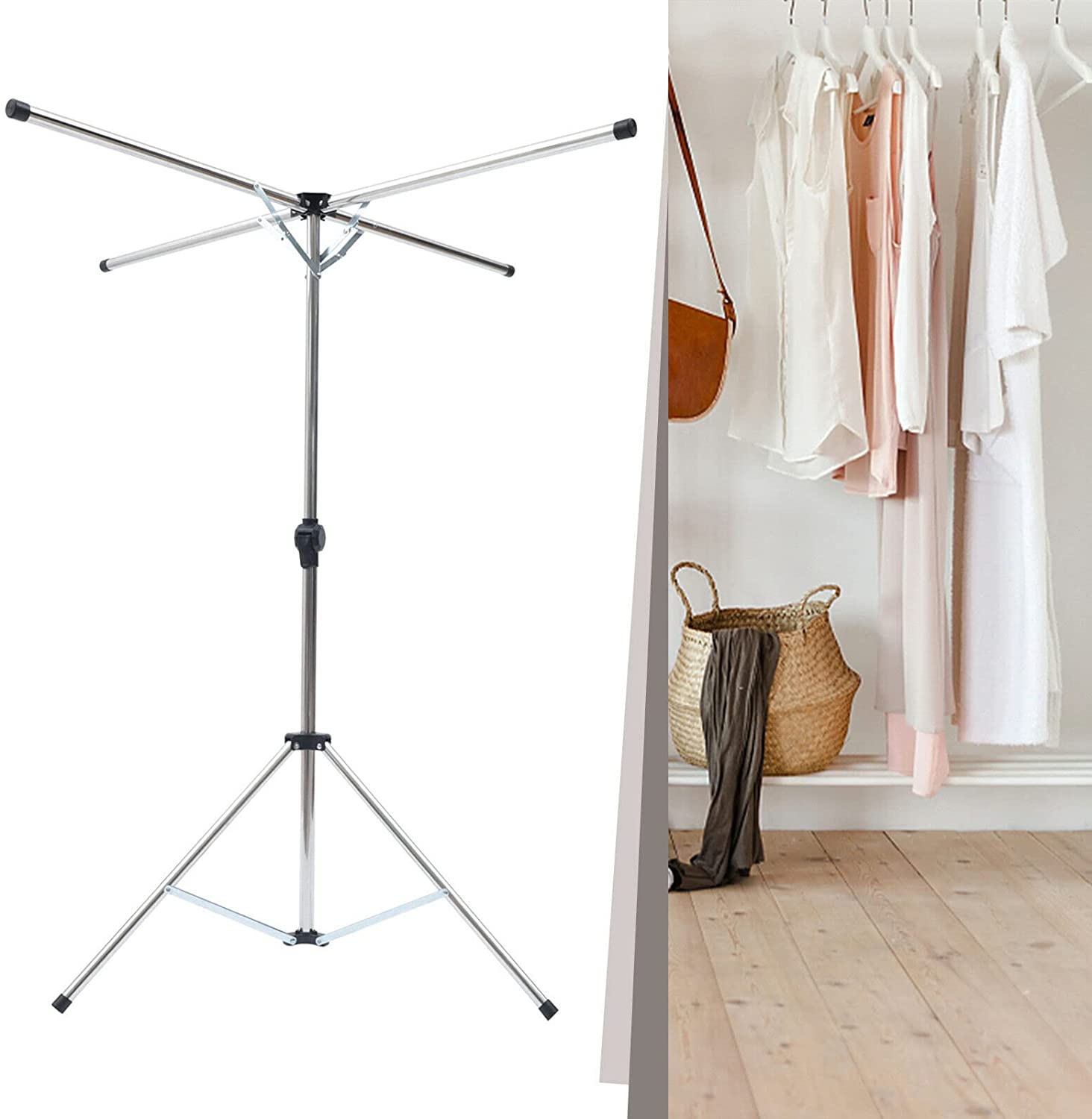 FETCOI Metal Clothes Drying Rack Folding Laundry Dryer Hanger Shelf Black Foldable Tripod Arm Stand