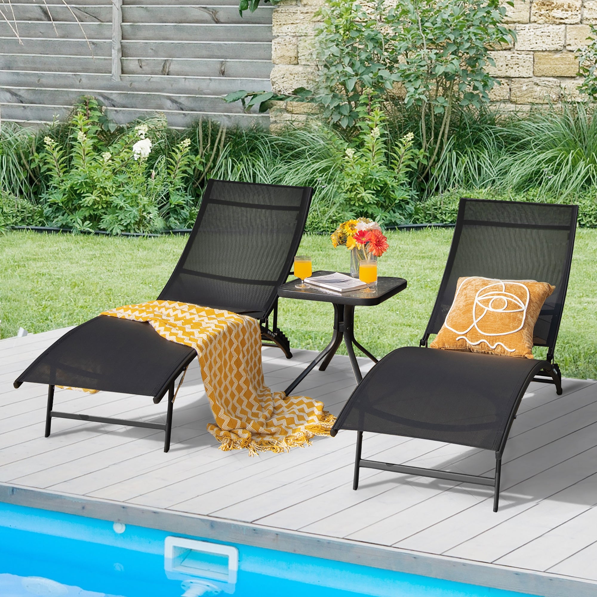 2 PCS Patio Folding Chaise Lounge Recliner Adjustable Stackable Deck