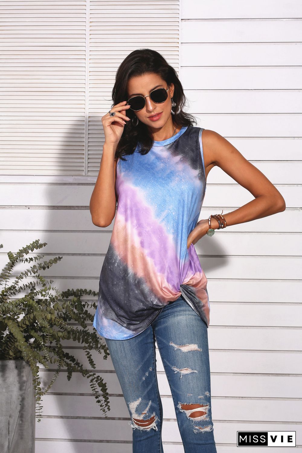 Blue Ombre Colorblock Twisted Tank Top