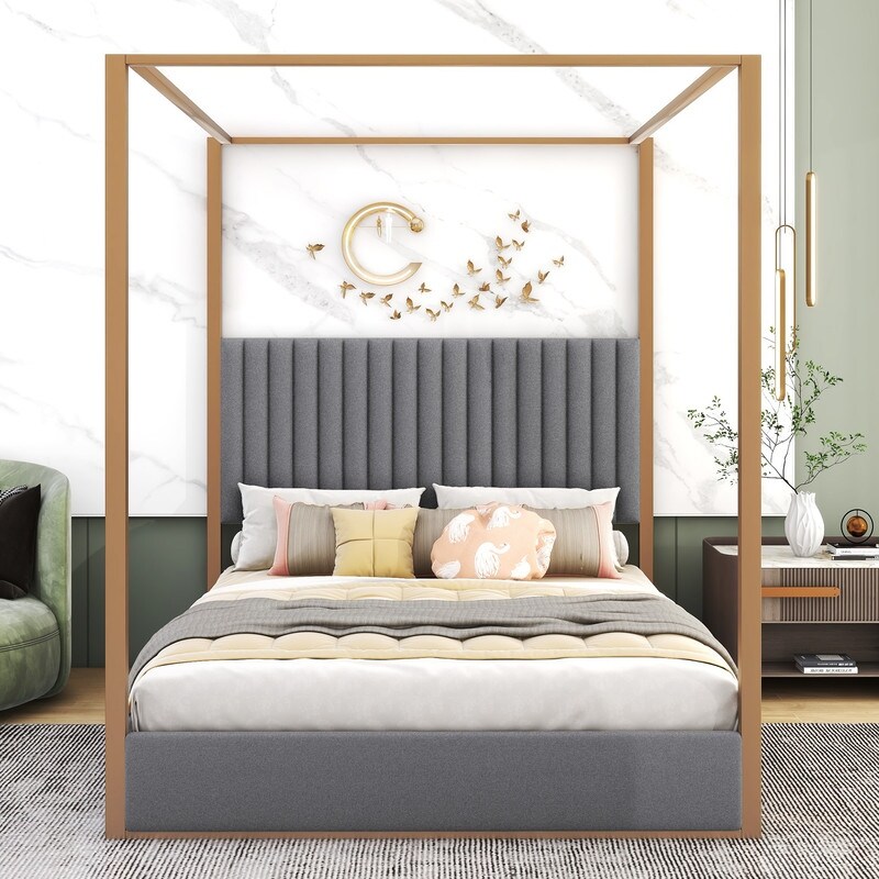 Queen Size Wood Upholstery Canopy Platform Bed w/Headboard and Metal Frame