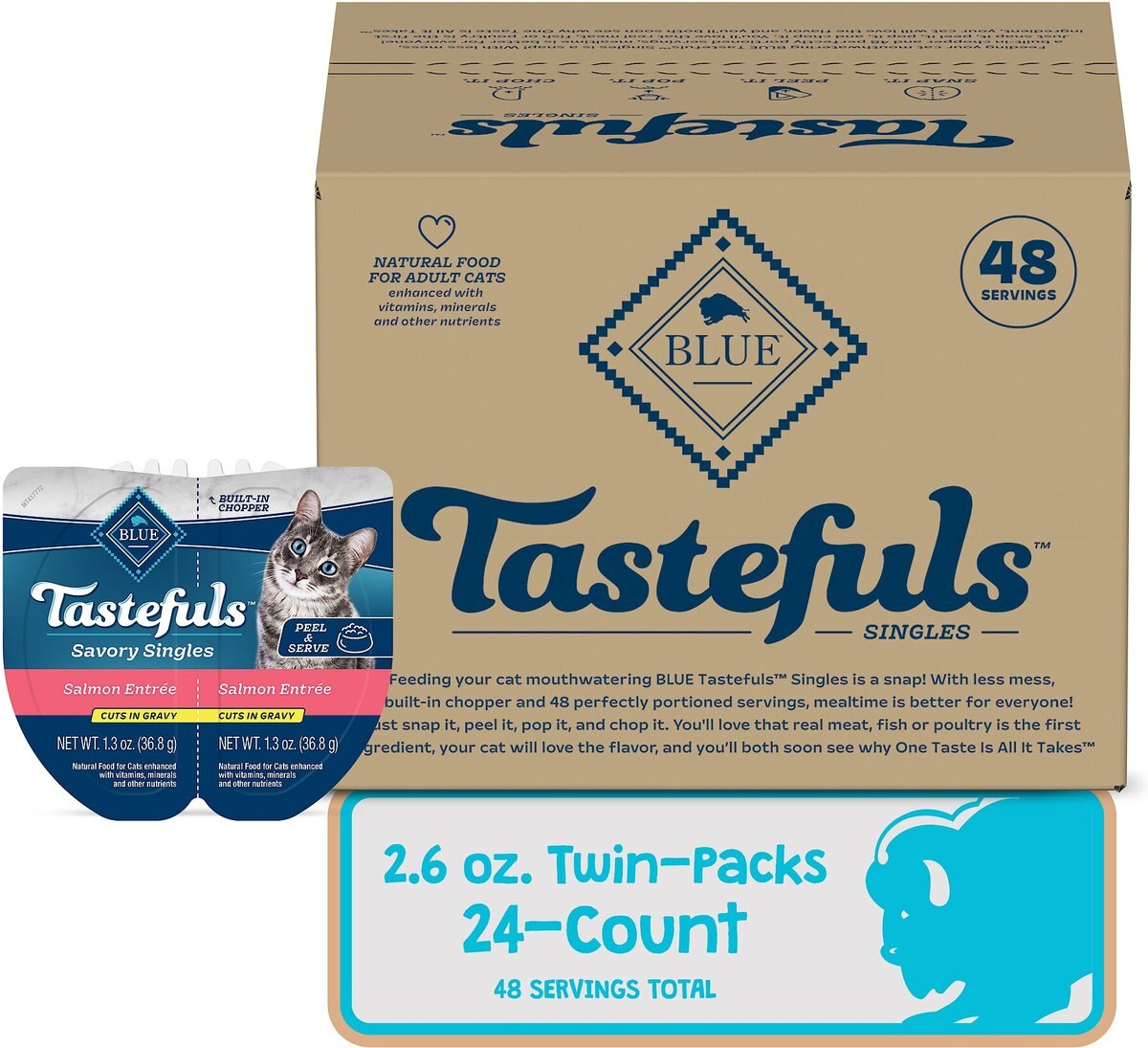 Blue Buffalo Tastefuls Savory Singles Salmon Entrée Cuts in Gravy Adult Cat Food， 2.6-oz cup， case of 24