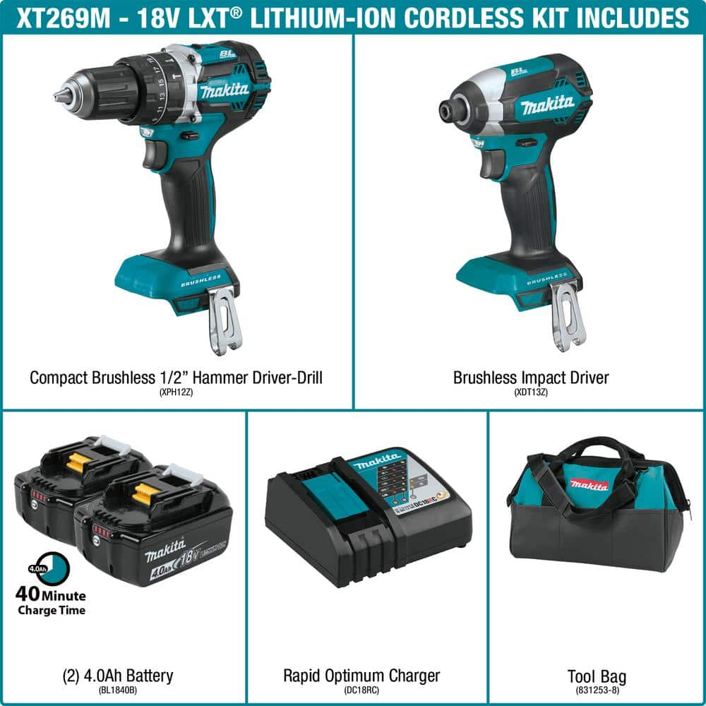 Makita 18V LXT Lithium-Ion Brushless Cordless 2-Pc. Combo Kit (4.0Ah) with bonus 3/8 in./1/4 in. 18V LXT Square Drive Ratchet XT269M-XRW01Z