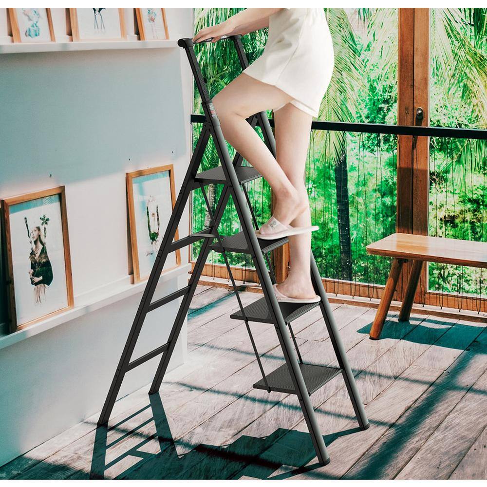4-Step Retractable Handgrip Folding Aluminum Step Stool Ladder with Anti-Slip Wide Pedal 300 lbs. Household Ladder DATI-CYW1-909