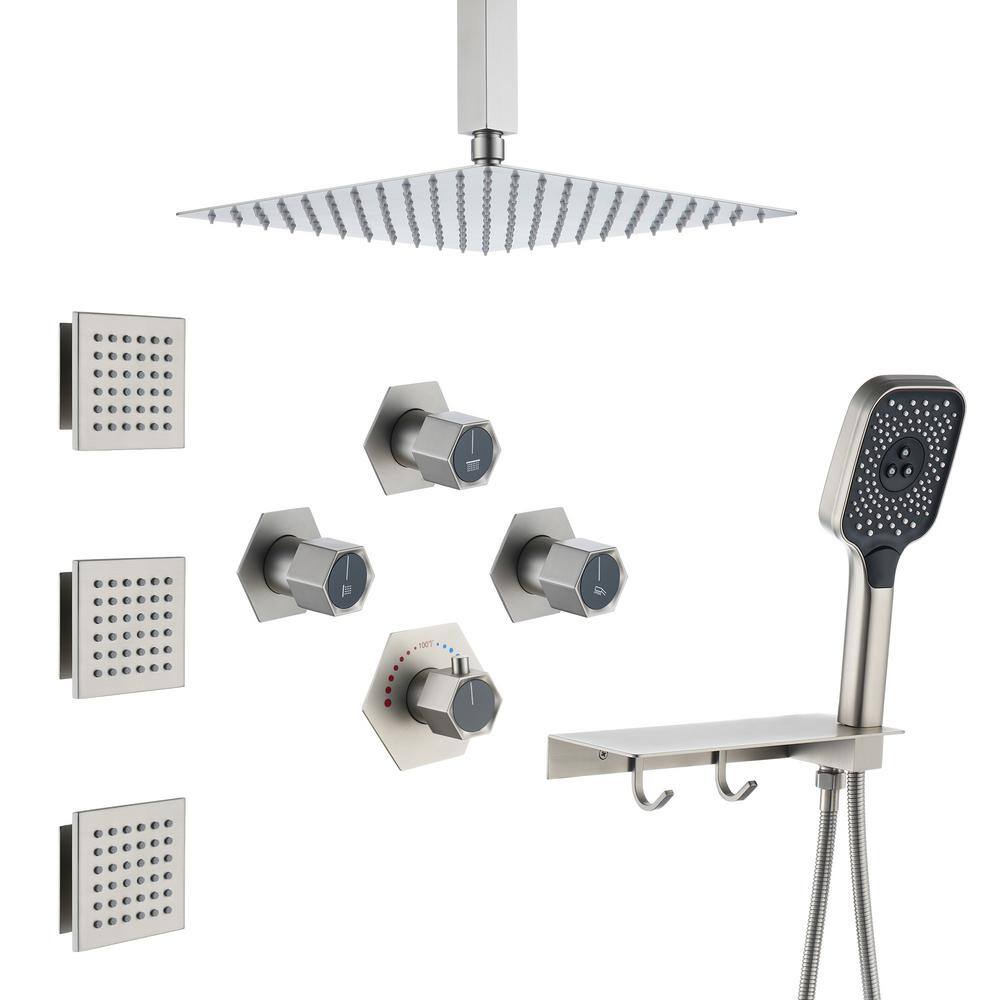 Mondawe Andalusia Multiple 7-Spray Patterns 12 in. Ceiling Mount Rain Dual Shower Heads with 2.5 GPM 3-Jet Valve in Nickel MD6067-BN