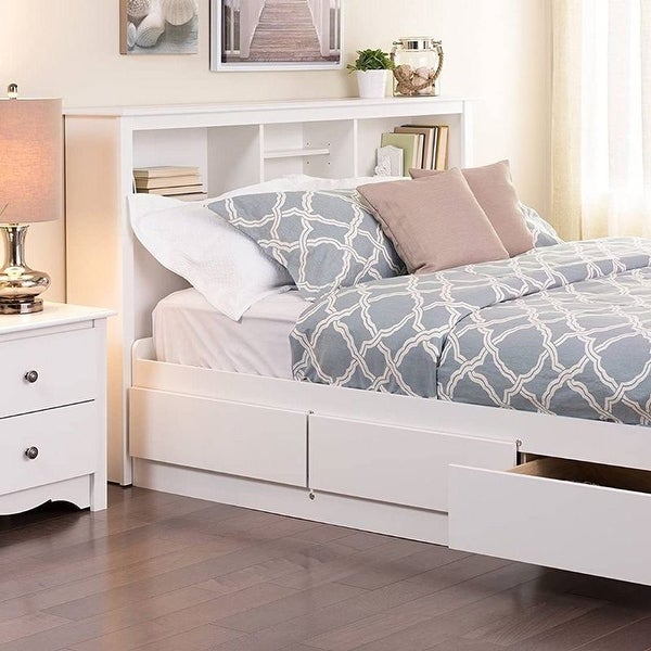 Full / Queen size Stylish Bookcase Headboard in White Wood Finish - - 34646957