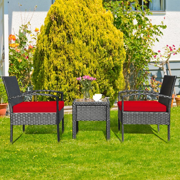 Tangkula 3 Pieces Patio Set Outdoor Wicker Rattan Furniture W Cushions Red