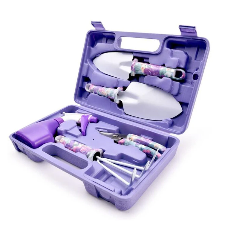 5 pcs Garden Equipment stainless steel Garden Hand Tools Box Set 1Purple Flower Design Garden Tools Set with Box