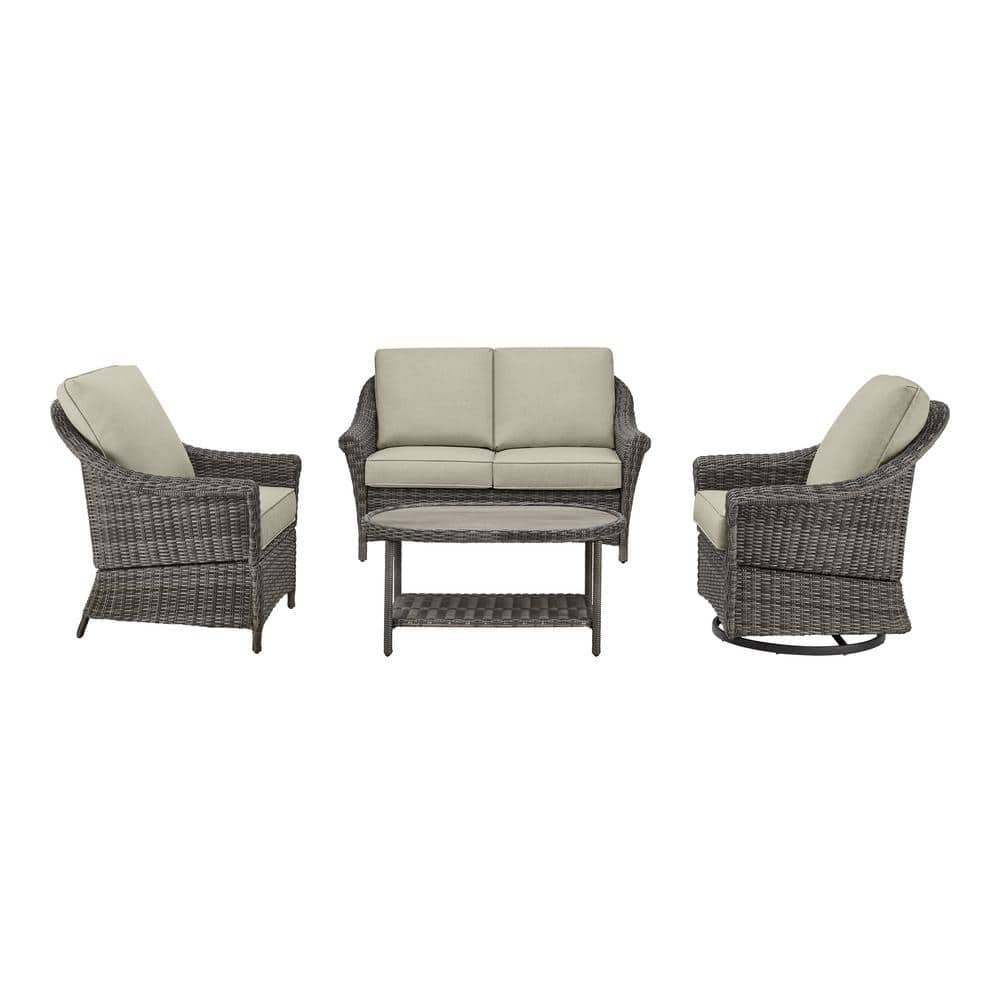 Hampton Bay Chasewood Brown 4-Piece Wicker Patio Conversation Set with CushionGuard Biscuit Cushions 505.1054.000