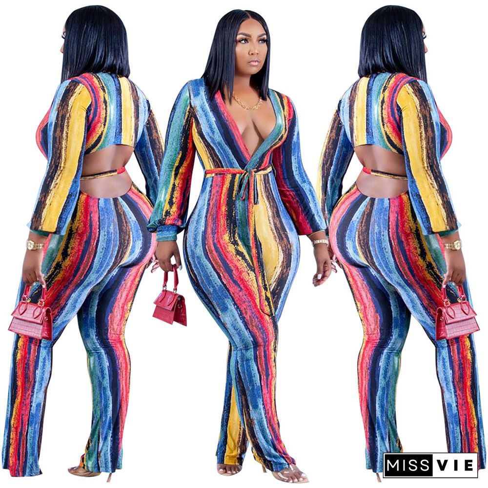 Lantern Sleeve Sexy V-neck Painted Print Jumpsuit