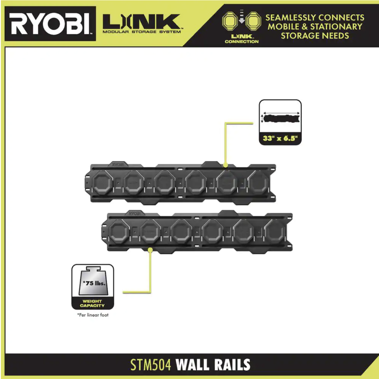 Ryobi LINK Tool Crate with LINK 7-Piece Wall Storage Kit and LINK Wall Rails (2-Pack)