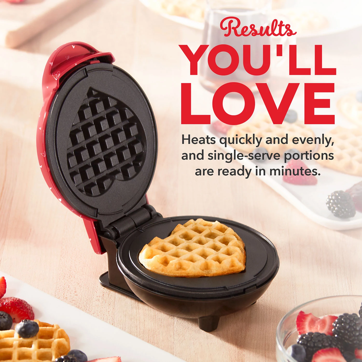 Dash Heart Miniature Waffle Maker with Heart Print Lid