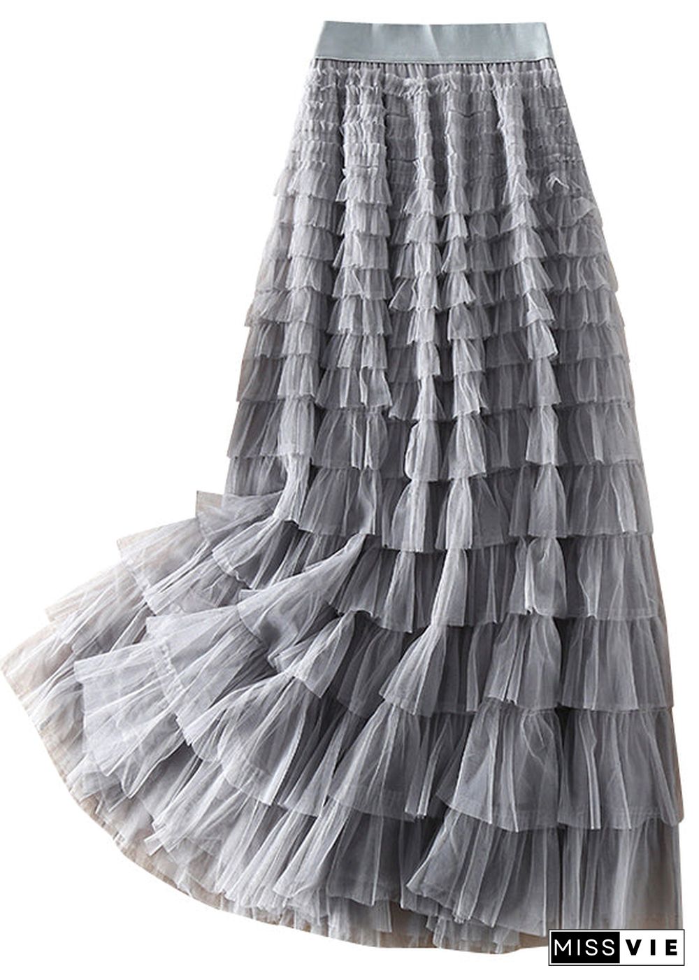 Loose Grey elastic waist Patchwork Tulle Skirt Spring