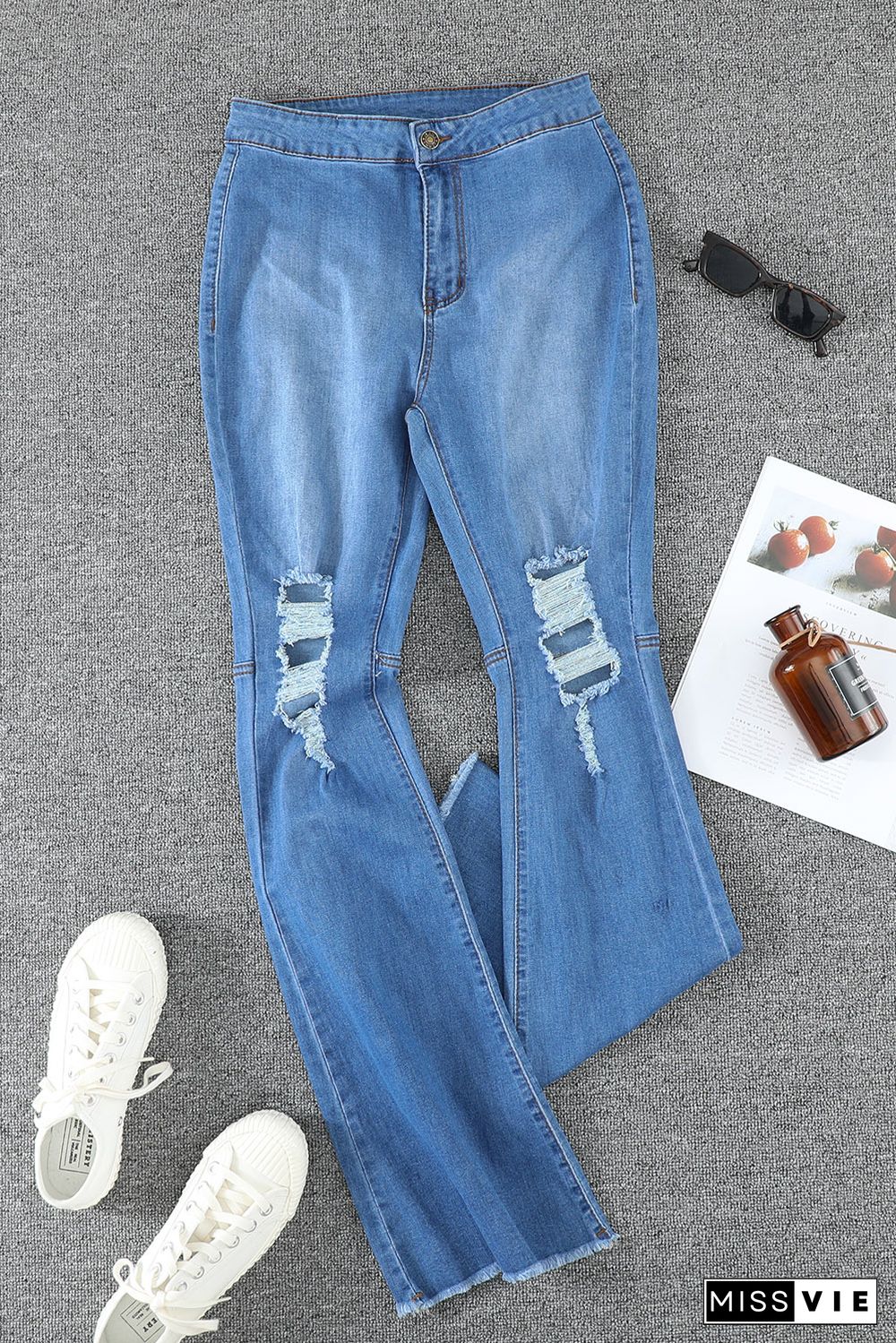 Sky Blue High Waist Raw Hem Button Ripped Flare Jeans