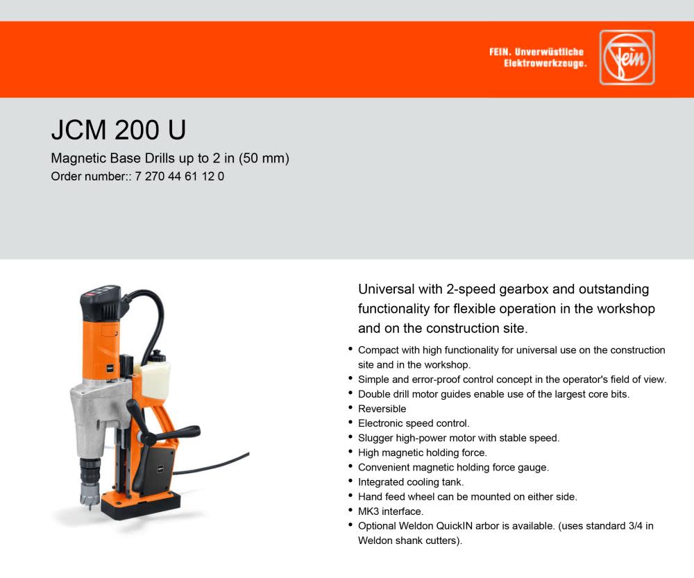 JCM 200AUTO SLUGGER Magnetic Drill 2 In. Capacity ;