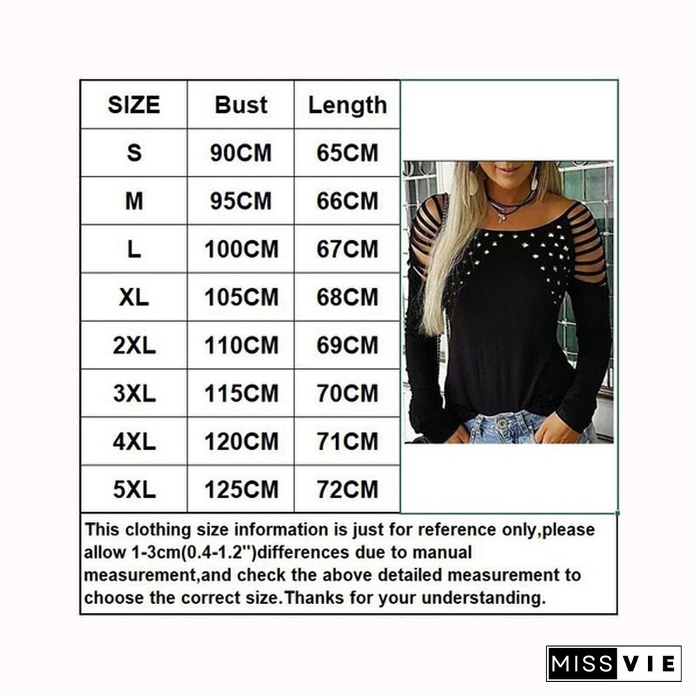 New Women Trending Autumn Fashion O Neck Hollow-Out Studded Long Sleeve Drill T Shirts Casual Solid Color Tops Plus Size