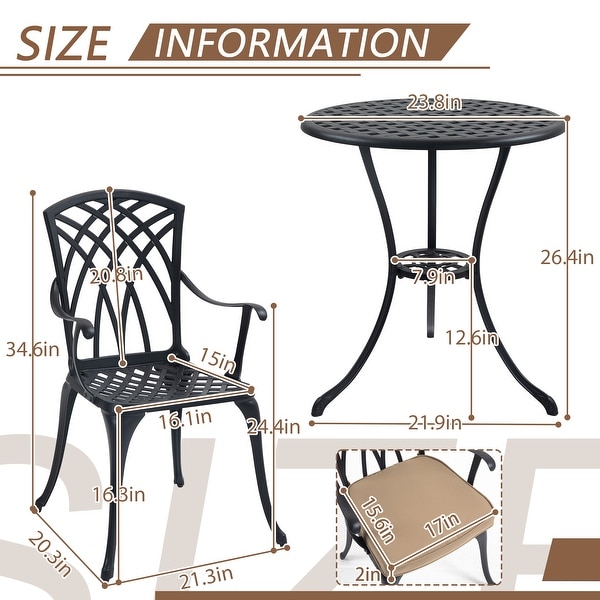 3 Piece Bistro Table Set Cast Aluminum Outdoor Patio Furniture with Umbrella Hole and Grey Cushions for Patio Balcony，Black