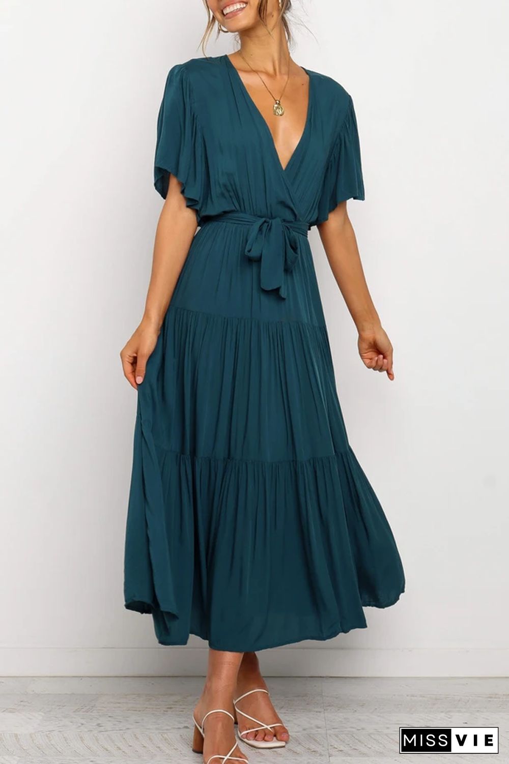 KarliDress Solid Ruffles Belted Maxi Dress P12790