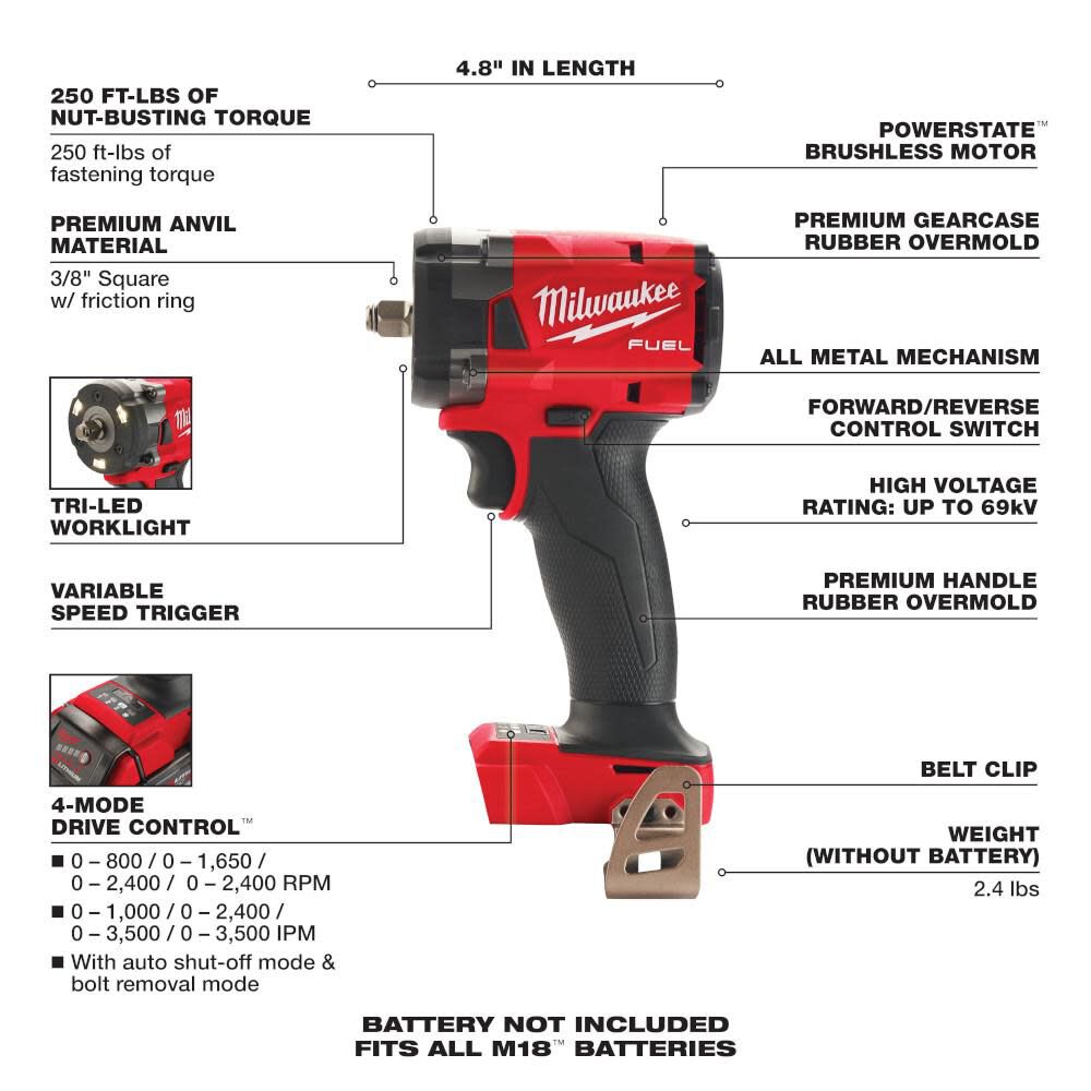 Milwaukee M18 FUEL 3/8 Compact Impact Wrench with Friction Tool 2854-20 from Milwaukee