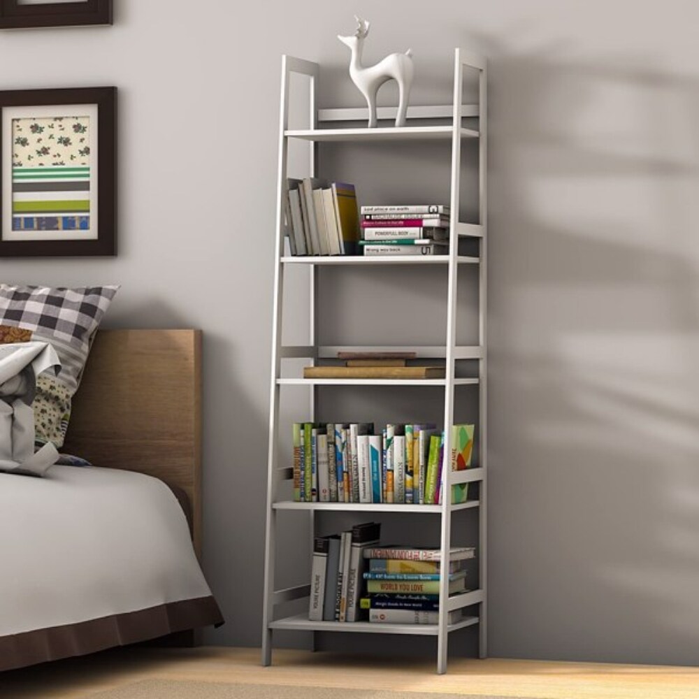 WTZ Bookshelf  Ladder Shelf  5 Tier Bamboo Bookcase  Modern Open Book Case for Bedroom  Living Room  Office  White