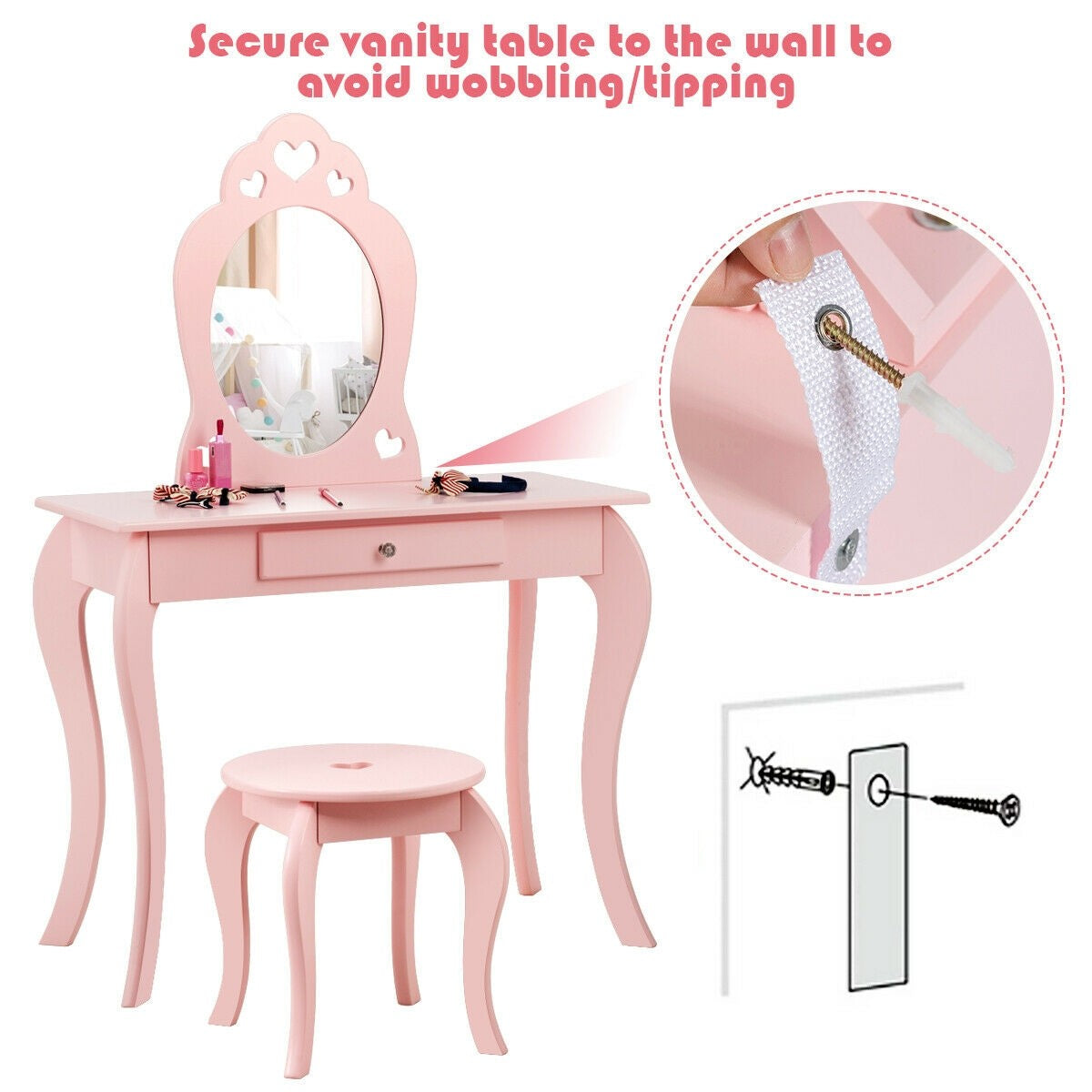 Costzon Kids Vanity Table, 2 in 1 Detachable Design with Dressing Table and Writing Desk