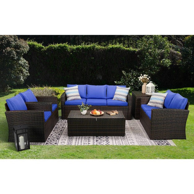 6pc Wicker Outdoor Conversation Set Weather resistant Royal Blue dark Brown Edyo Living Includes Sofa Loveseat Armchairs amp Tables