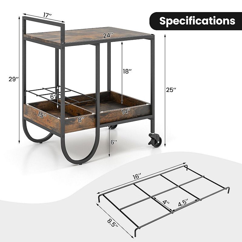 Rolling Buffet Serving Cart With Removable Metal Wire Wine Rack-brown