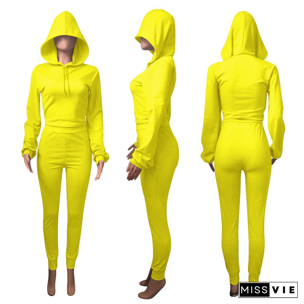 Solid Color Zipper Hoodies Tops Jogger Pants Matching Set