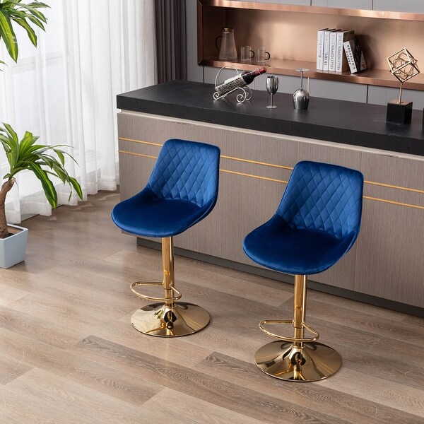 Set of 2 Bar Stools，With Chrome Footrest and Base Swivel Height Adjustable Mechanical Lifting Velvet， Golden Leg