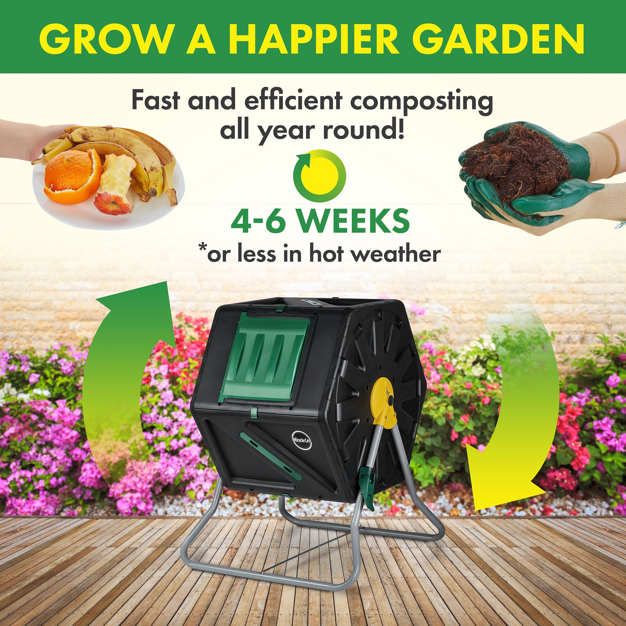 Miracle-Gro Single Chamber 28 Gal Black and Green Plastic Tumbler Composting Bin