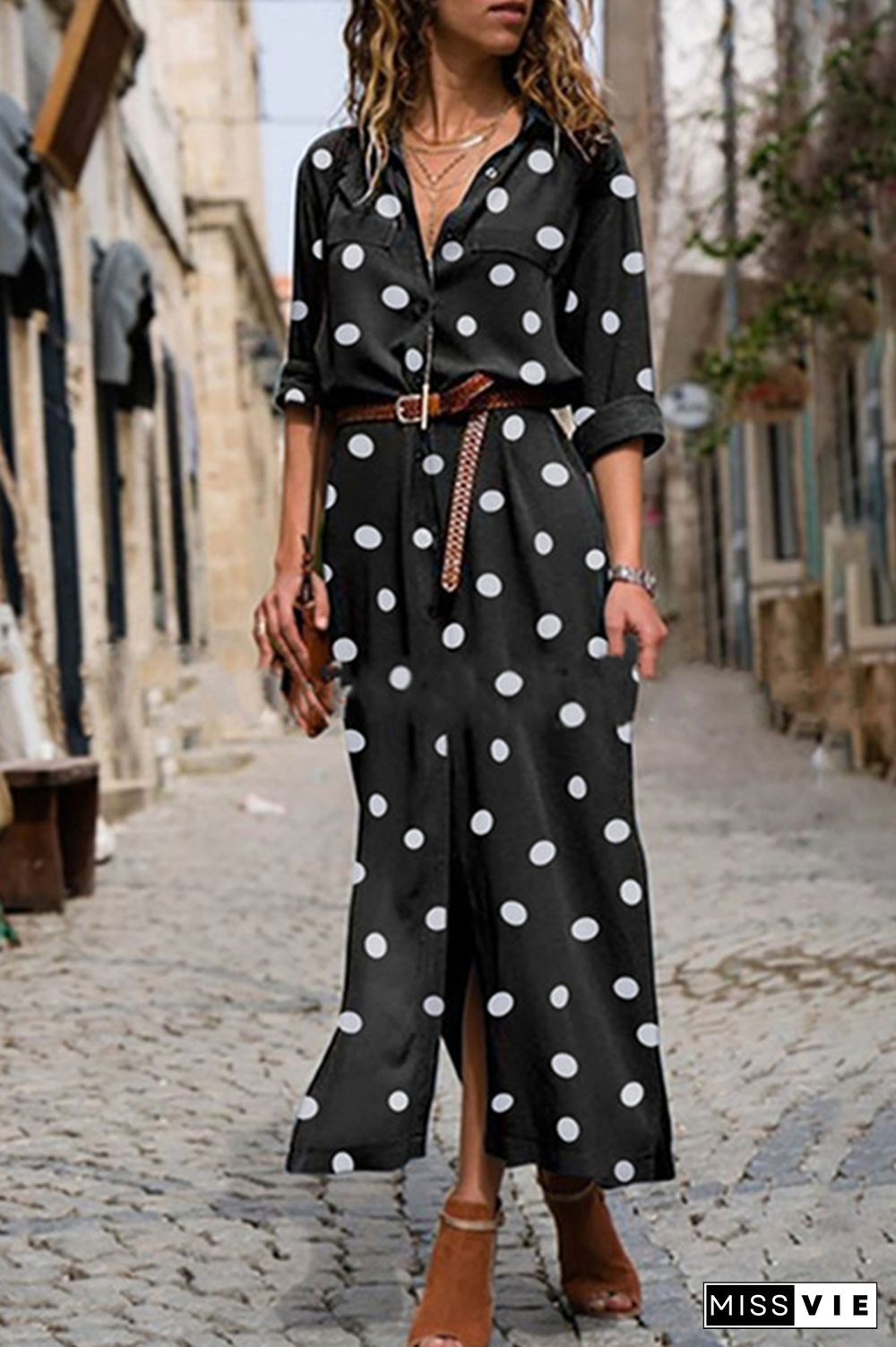 Casual Polka Dot Buckle Slit Turndown Collar Shirt Dress Dresses  (Without Belt)