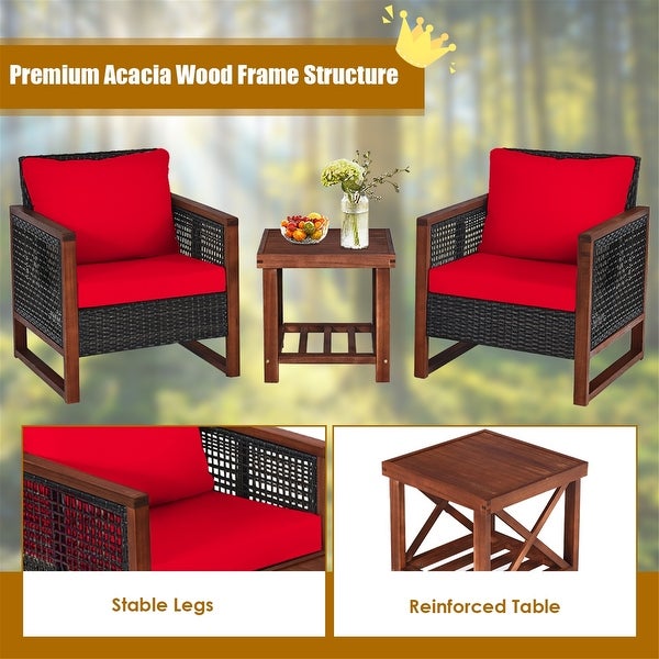 3PCS Patio Wood Wicker Conversation Furniture Sofa Set with Cushion - Overstock - 37500666