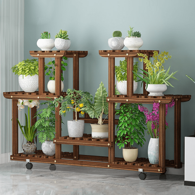 Magshion Wooden Plant Stand Rack with Wheels, 4 Tier Rolling Plant Flower Pots Holder Shelf Planter Display Shelving Unit for Patio Garden, Living Room, Corner Balcony, Brown